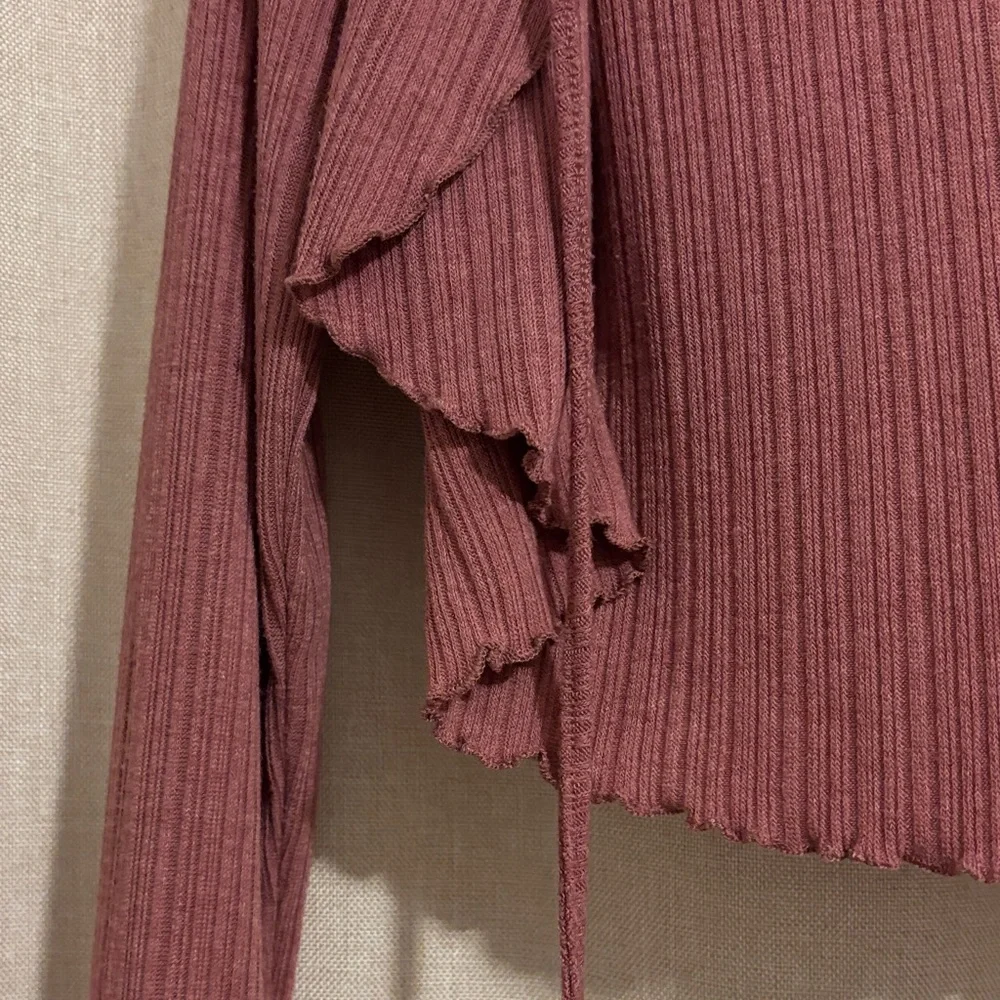 Ribbed Long Sleeve Scalloped Tie Top - Dusty Rose